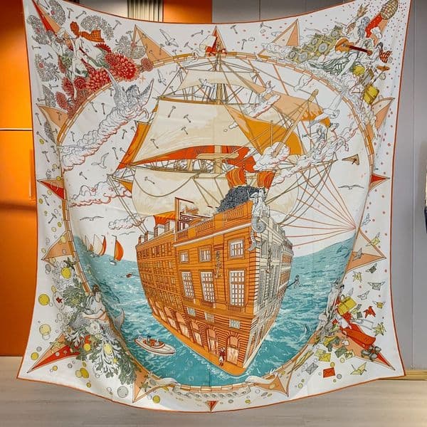 140*140cm designer cashmere silk scarf H Large shawl Luxury double sided same color hand-rolled cashmere silk blended shawl flagship pattern orange scarf gift