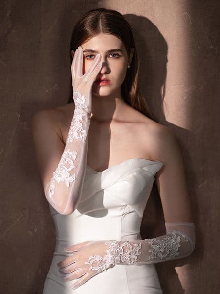 Long Bridal Gloves Floral Applique Ivory Wedding Accessories European Style