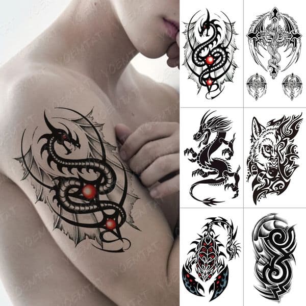 Waterproof Temporary Tattoo Sticker Dragon Wolf Scorpion Flash Tattoo Mens Black Flame Totem Body Art Transfer False Tattoo Women 240705