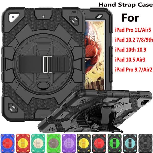 Case For iPad Pro 11 inch Tablet Hand Strap 360 Rotation Stand Heavy Duty Cover For iPad Air 5th/4th Generation 10.9 10.5 10.2 inch Shockproof Kids Cases + Shoulder Strap