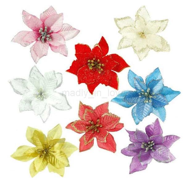 13cm Artificial Poinsettia Christmas Flower Decorations Silk Faux Bloom Berries Flower Christmas Tree Hang Flower Ornament DecorM240709