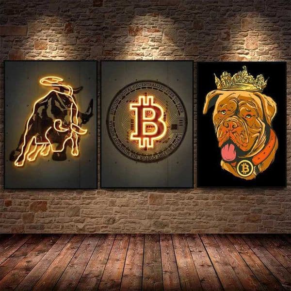 Neon Gold Bitcoin Bull Crypto Canvas Painting Pug Bitcoin Poster and Print Funny Wall Art Picture for Living Room Home DecorB240710