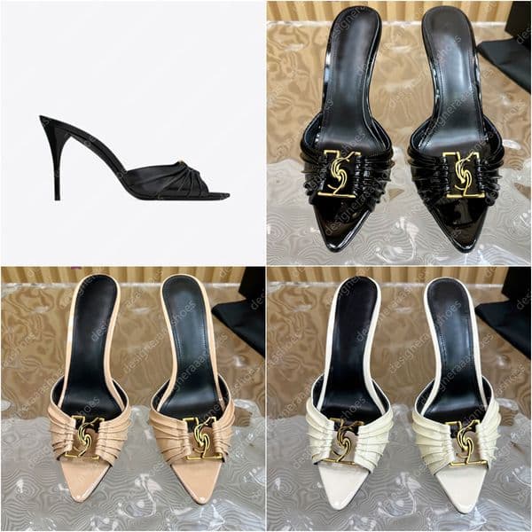 10cm high heels shoes women designer sandals black stiletto heel slide mule slippers peep toe luxury sandal patent leather fashion hardware buckle multiple styles
