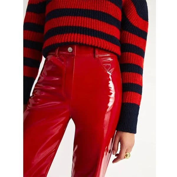 Shiny Red Patent Leather Straight Pants Women High Waist PVC Slim Trousers Ladies Chic Yellow PU Pocket Custom Clubwear 240704
