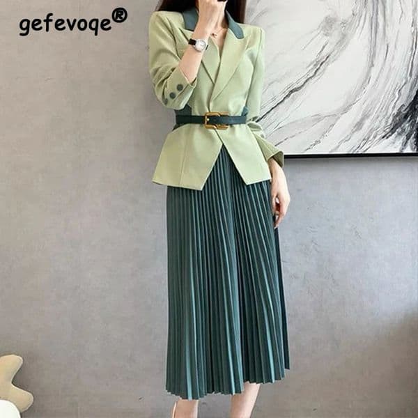 Autumn Winter Two Piece Set for Women Contrast Color Elegant Fashion Belt Office Lady Business Casual Blazer Pleated Midi Skirts 240704