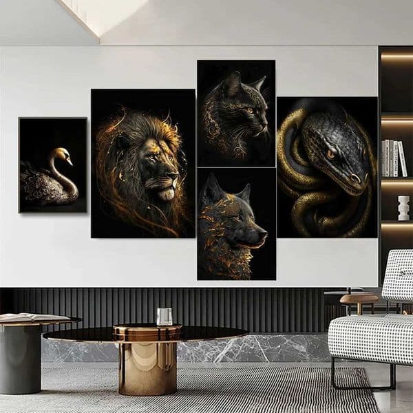 Black Gold Eagle Lion Canvas Painting Metal Poster Wall Art Nordic Deer Aesthetic Picture for Living Room DecorB240713