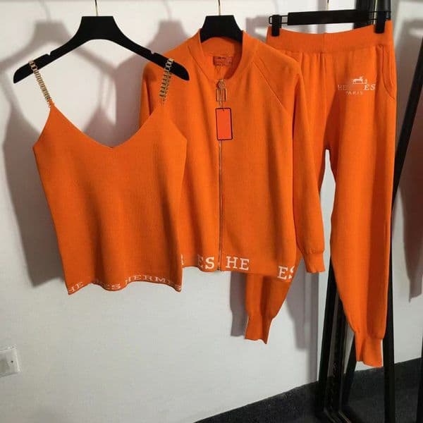 Women's sports three piece set jacquard loose hoodie new spicy girl vest running knitted suspender elastic temperament set S-2XL