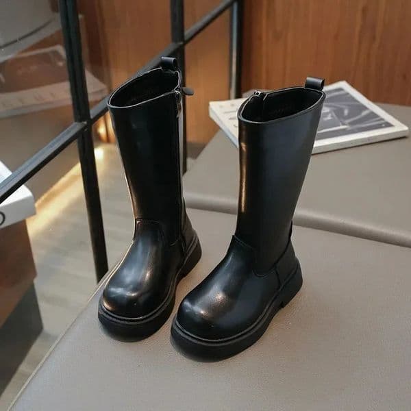Girls Long Boots Black Pu Leather Platform Plush Trendy Children Winter Boot Zipper Knee-high Handsome Stylish Kids Shoes 26-36 240710