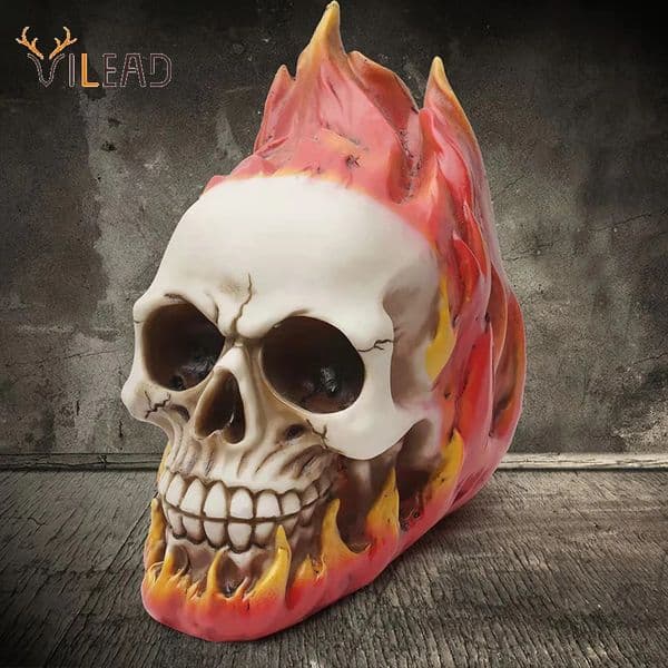 Vilead Flame Skull Resin Crafts Statue Skull Props Model Halloween Horror Party Decor Sculpture Living Room Interior Ornaments 240704