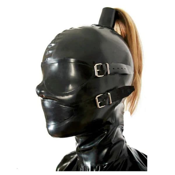 2026 New New Black Latex Hooded Face Mask With Wig, Removable Blindfold And Mouth Piece, Back Zipper Free Shipping Free Shipping