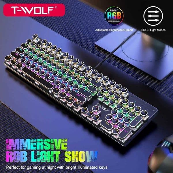 T-WOLF T75 Mechanical Keyboard Illuminated Blue Axis Colorful Backlight 104 Key Game Keyboard 9 Light Effects Punk RetroM240715