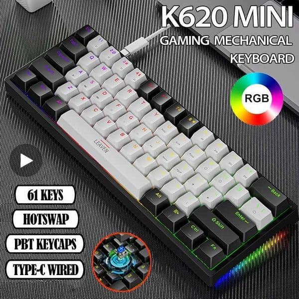 K620 Mini Backlit RGB Gaming Mechanical Keyboard Gamer Mechanic Kit 60 Percent DIY Custom PBT Keycap Hotswap Pink White USB PCM240715