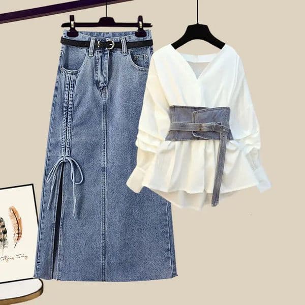 Summer Oversized Two Piece Skirt Set For Women Long Sleeve BlouseHigh Waist Denim twopiece Jeans Female 240627