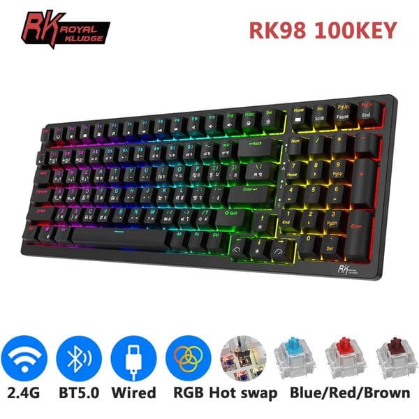 RK Royal Kludge RK98 2.4G Wireless Gaming Mechanical Keyboard 100 Keys RGB Backlight Hot-swappable Bluetooth Russian KeyboardM240715