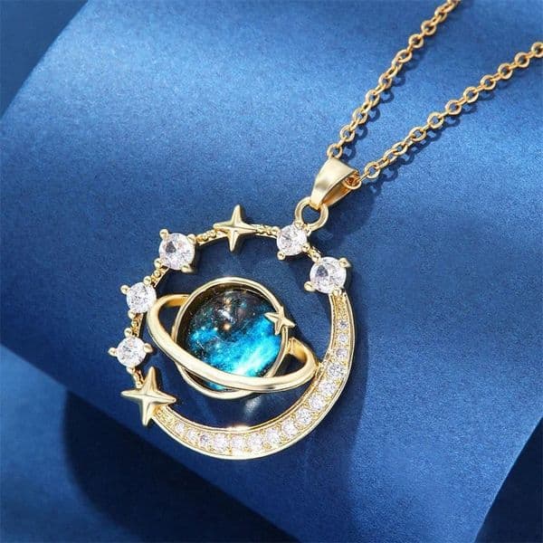Designer Niche Delicate Blue Star Sky Planet Pendant Necklace Light Luxury Zirconia Stars and Moon Keychain Necklace Jewelry Gift