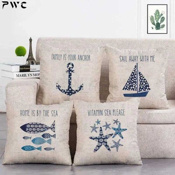 Navigation Nautical Throw pillow Cover Beach Anchor Cushion Cover Fish Linen Decoration Life buoy pillowcase 45x45cmM240717