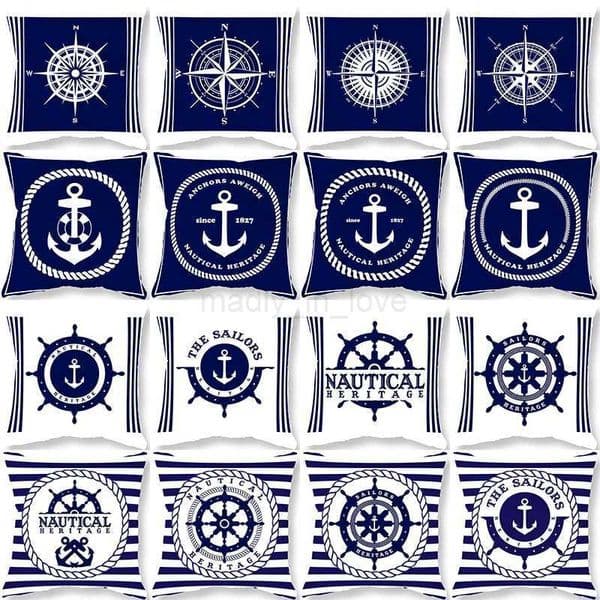 Nordic Nautical Series pillowcase Dark Blue Compass Anchor Rudder Sofa Cushion Cover Home Decoration Ornament 45x45cmM240717