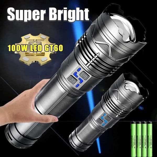 100W GT60 Powerful Led Flashlight Long Range Tactical Flashlight with Power Display Outdoor Camping USB Rechargeable Zoom TorchCL24o718