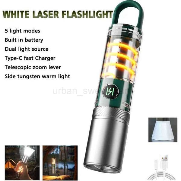 White Laser Flashlight Internal 18650 Rechargeable Torch 5Modes Zoom Hook Hanging Side Tungsten Wire Camping Lamp with LampshadeCL240718