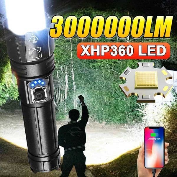 High Power Led Flashlight 3000000Lumens XHP360 Flashlight 500W Ultra Powerful Flashlight Zoom Tactical Lantern Rechargeable LampCL240718