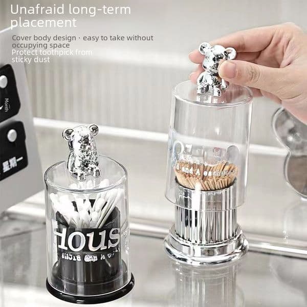 Net red high-looking bear toothpick holder acrylic toothpick box creative toothpick holder household cotton swab floss storage jar