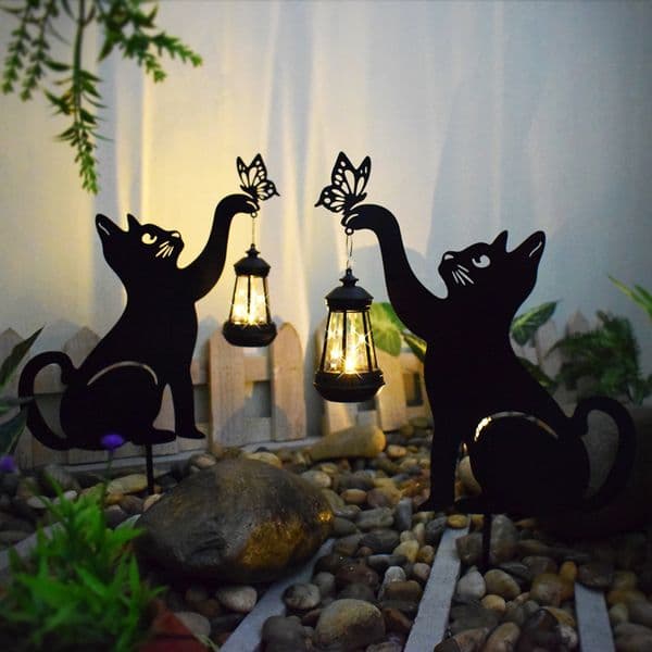 Outdoor waterproof lawn, ground insert ironwork cat animal-shaped outdoor courtyard garden decoration solar lamps