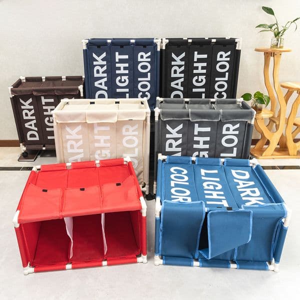 Simple and Fashionable Three-Grid Belt Pulley Laundry Storage Basket Household Oxford Cloth Dirty Clothes Basket Moisture-Proof Folding Dirty Clothes