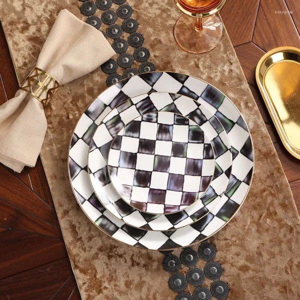 2026 New Plates 3Pcs Vintage Checkerboard Bone China Set 6Inch 8Inch 10Inch Porcelain Dinner Serving Dishes Kitchen Restaurant Dinnerware Fr