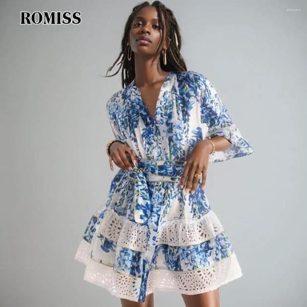 Party Dresses ROMISS Hit Color Short For Women Stand Collat Long Sleeve High Waist Patchwork Lace Up Hollow Out Print Dress Female