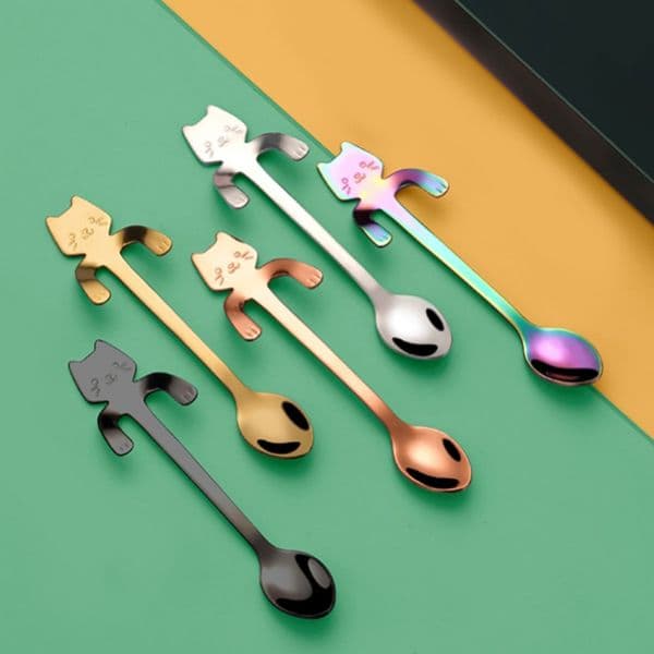 Wholesale 304 stainless steel coffee spoon creative cute cartoon cat long dessert juice hanging Cup mixing spoon