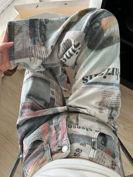 American style high street personalized printed spaper jeans for men and women summer straight tube loose wide leg pants y2k 240713