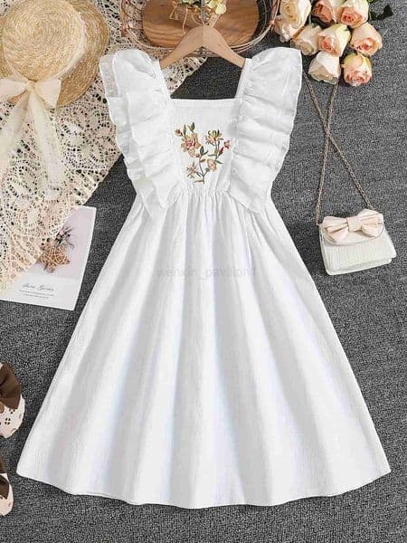 Girls Summer Elegant Dress+Bow Belt+Knitted Fabric Printed PatternXJ240720