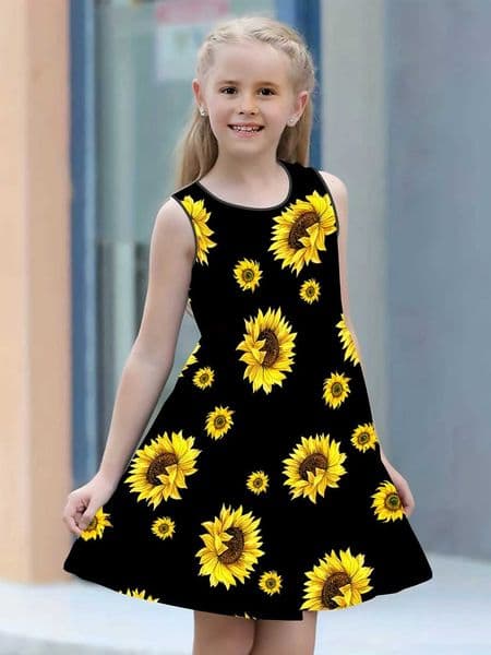 Comfortable Girls Sunflower Print Sleeveless Dress Summer Dress Loose Fit Round Neck Beach Dress H aii Style Kids Clothes DressXJ240720