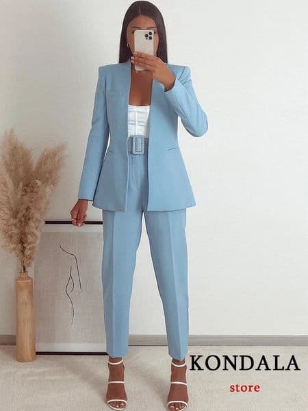 KONDALA Office Lady Light Blue Blazer Suits Women 2 Pieces V Neck Loose JacketsHigh Waist Sashes Pants Fashion Autumn Sets 240713