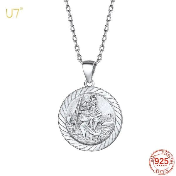 U7 925 Sterling Silver River-crossing St. Christopher Medal Necklace Patron Travelers Symbol Amulet Coin Christian Jewelry 240712