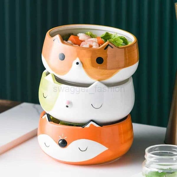 Hand Painted Fox Cat Dog Bowls Cute Animal Bowl For Salad Fruit Noodle Rice Soup Creative Underglaze Ceramic Children TablewareB270723