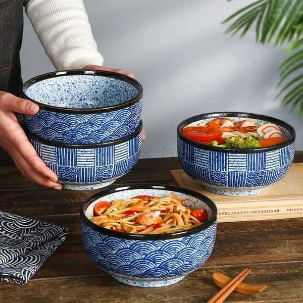 Japanese Blue Edo Wave Ripple Noodle Bowl Restaurant Ceramic Creative Hand Painted Commercial Soup Ramen Noodles Rice BowlB270723