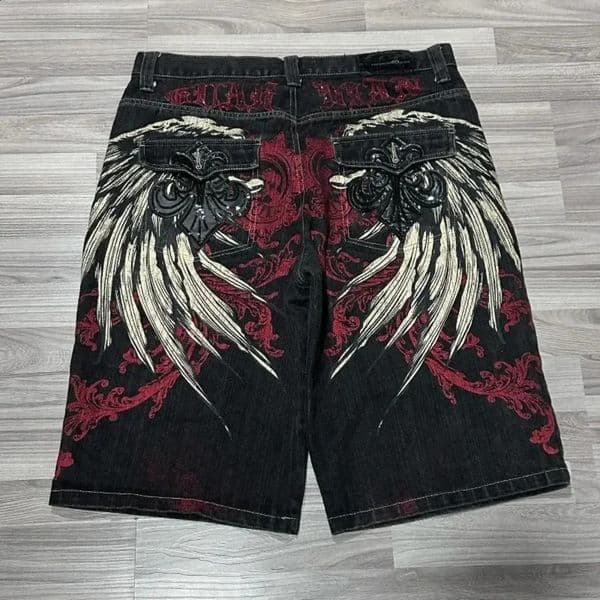 Gothic hiphop wing oversized pattern printed loose denim shorts for men Y2K retro summer fashion street pants 240722