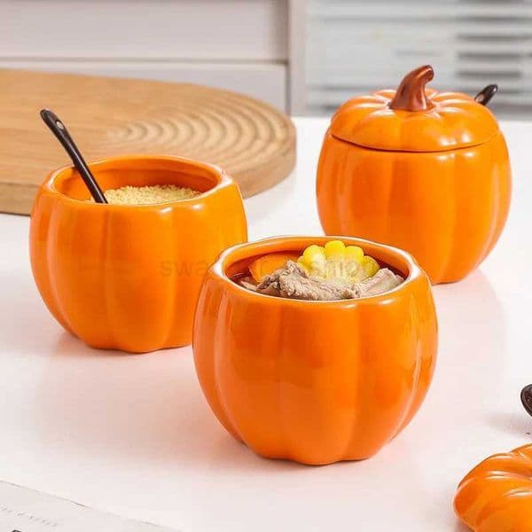 Ceramic Bowl Pumpkin Shape Cartoon Pumpkin Jar Soup Can with Lid Condiment Box Seasoning Pot Soup Bowl Kitchen ContainerB270723