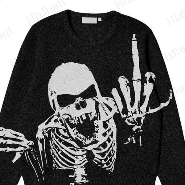 BIG PROMOTION Y2K European and American Autumn and Winter Mens Gothic Casual Black Loose Skeleton Print Vintage Knitted Sweater 240715