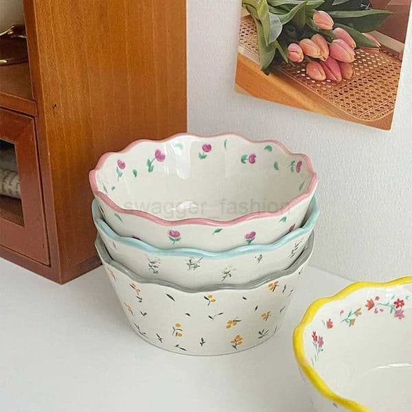 Fresh Pastoral Small Broken Flower Ceramic Bowl Ins Vintage Lace Salad Fruit Thickened Lovely Soup Rice Bowl Complimentary SpoonB270723