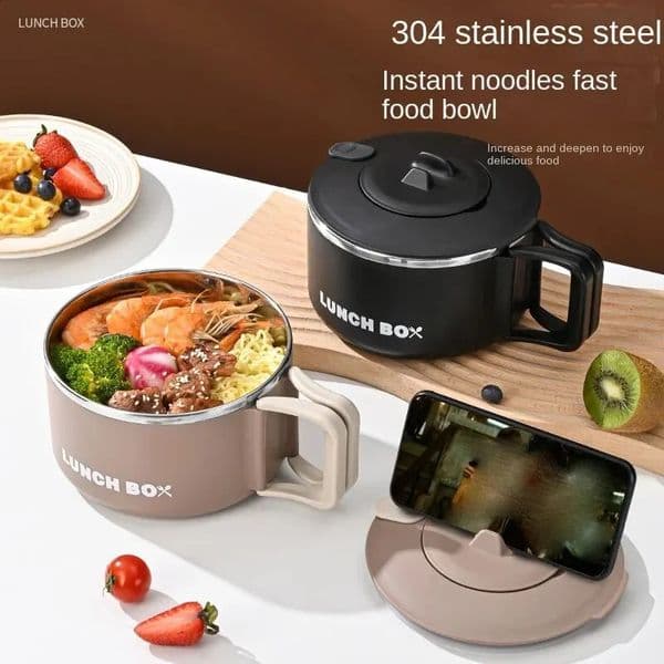 304 Stainless Steel Instant Noodles Ramen Bowl With Lid Fruit Salad Rice Soup Kitchen Tableware Large Capacity Lunch Box 240722