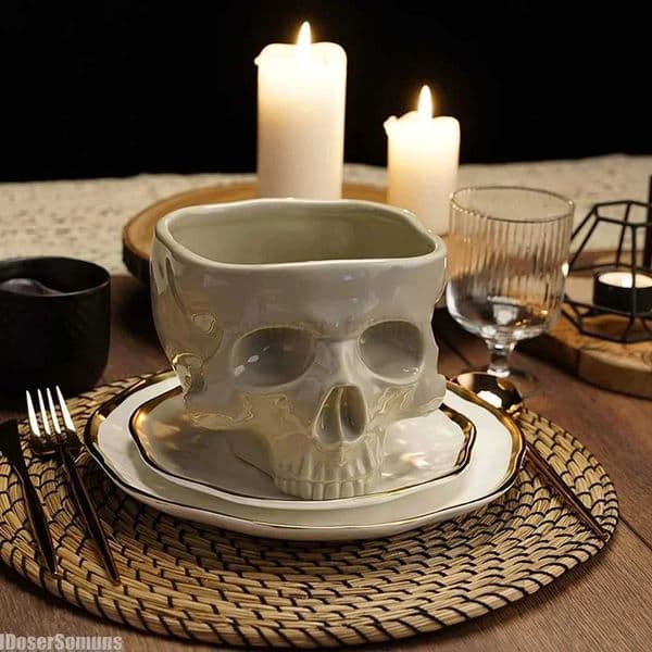 Retro Gothic Skull Porcelain Pasta Bowl Halloween Tableware Home Bar Food Candy Noodle Salad Ceramic Bowl Tabletop DecorationB240723