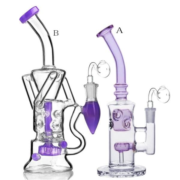 Purple 10" bong pipe bongs inner glass water with percolator recycler oil banger fab egg luxury 14mm oil burner glass