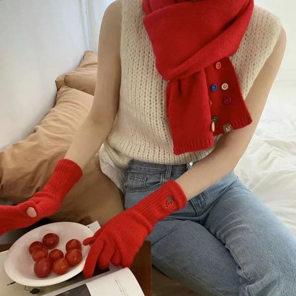 Knitted Wool Winter Gloves Embroidered Soft Warm Gloves for Women Outdoor Cycling Gloves Windproof Gloves Christmas Red 240712