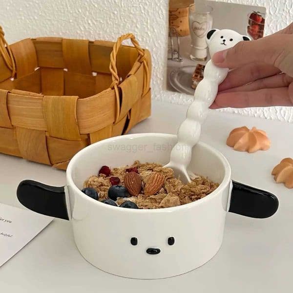 Korean Cute Dog-Shaped Salad Bowl Spoon Set Dormitory Noodle Bowl Ceramic Soup Bowl With Handle Kawaii Ceramic Plate DishB270723