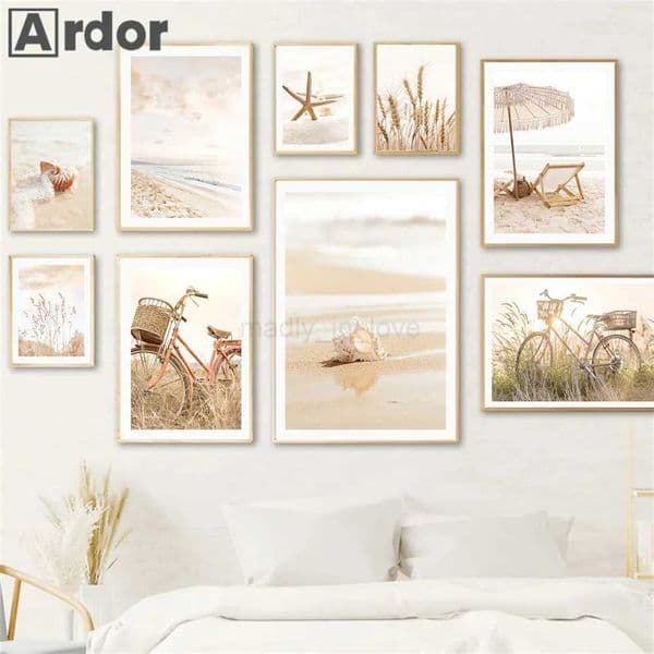 Boho Beige Beach Starfish Shells Reeds Bike Wall Art Canvas Painting Nordic Posters And Prints Pictures Living Room Home DecorM240722