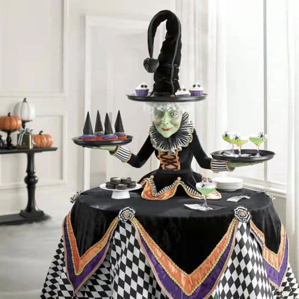 Tabletop Halloween Witch Server With Harlequin Tablecloth Cupcake Display Stand Home Decoration Resin Statue Tray Funny Party 240711