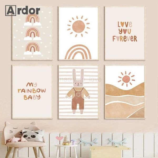 Sun Rainbow Heart Rabbit Posters And Prints Boho Nursery Abstract Wall Art Canvas Painting Pictures Baby Kids Room DecorationM240722