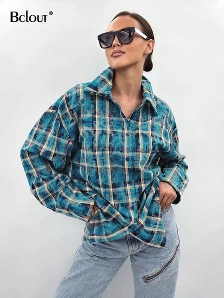 Bclout Casual Blue Plaid Shirts Blouses Women 2024 Street Cotton Long Sleeve Loose Shirts Fashion Single Breasted Blouses Coats 240715